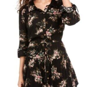 American Rag Junior's Printed Roll Sleeve Shirtdress - Black Size Medium